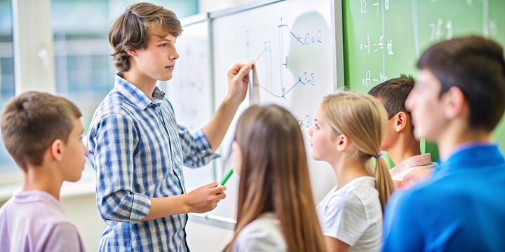  In a bright classroom, a male high school student with long hair wearing a blue plaid shirt stands at the whiteboard, explaining a math problem to his classmates.