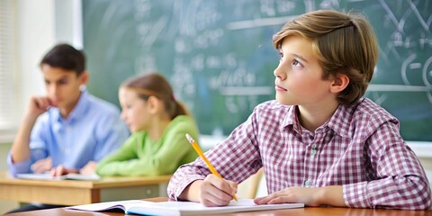 Focused Student Studying in Classroom. A young male student in a checkered shirt concentrates on his notes in a bright classroom setting, showcasing dedication and academic focus.