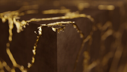 Cracked stone wall surface with gold inlay (3D Rendering)