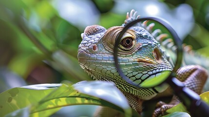 A magnified view of a brilliant a reptile in an area of a verdant jungle