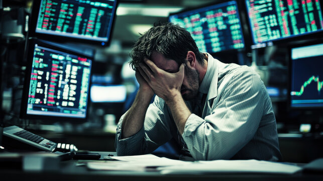 A stressed trader in a suit sits at his desk, surrounded by monitors showing fluctuating stock market graphs in a busy office