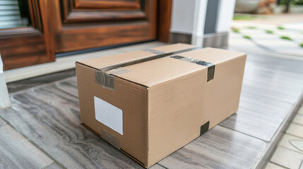 Delivery package box standing on doorstep in home entrace waiting for the recipient after being delivered by a courier