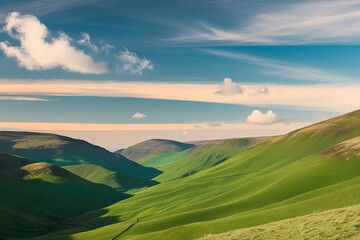 Fototapeta premium Emerald Valleys Under a Pastel Blue Sky with Serene Clouds and Gentle Breeze