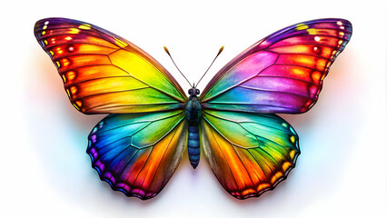 Obraz premium Vibrant multicolored butterfly with spread wings showcasing a spectrum of colors including orange, yellow, blue