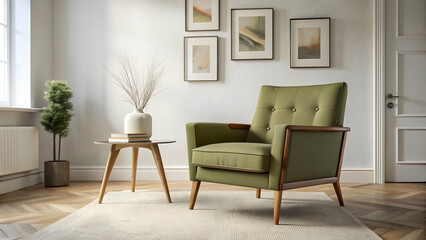 Mid-century modern armchair in olive green fabric