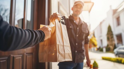 Fototapeta premium Paper bag in the hands of a delivery man in front of a house, close-up