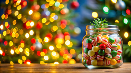 Naklejka premium Glass jar filled with colorful hard candies with a blurred Christmas tree and lights in the background , festive