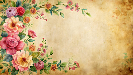 Old paper sheet with hand-painted flower decorations in a vertical watercolor painting style, antique, vintage, parchment