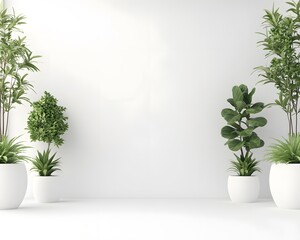 A minimalist interior showcasing various potted plants against a white background.