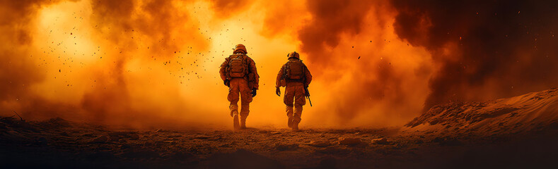 “ Soldiers Walking in the Desert with Smoke from Explosions in the Background”
