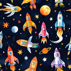 Watercolor seamless pattern with images of space rockets. World Space Week.