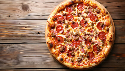 Tasty hot pizza with meat on wooden background, top view