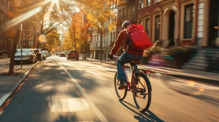 Fototapeta premium Bicycle courier with a bag full of packages moves quickly through the streets of a big city