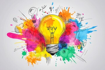 Colorful Lightbulb with Watercolor Splashes and Doodles