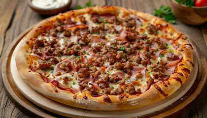 Tasty hot pizza with meat on wooden background, top view