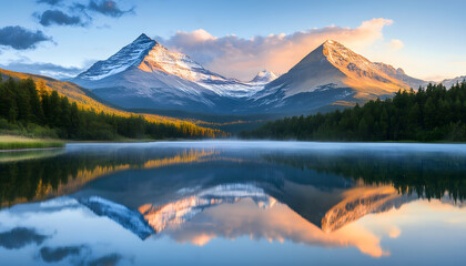 Nature Bliss: A serene mountain landscape with a lake reflecting the snowy peaks at sunrise