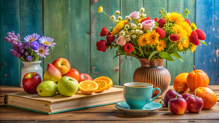 A vibrant composition of various objects arranged on a table including fruits, flowers