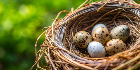 Obraz premium Bird nest filled with small eggs, nest, eggs, bird, wildlife, natural, home, fragile, vulnerable, delicate, tiny