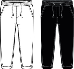 SWEATPANTS design template flat sketch. Elastic waist sweatpants vector illustration.