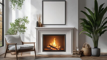 Cozy Living Room with Fireplace  Modern Chair  and Plants