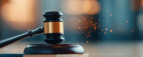 A glowing gavel striking a law book, with principles of justice radiating outward, justice, law, principles, law rooted in core justice values