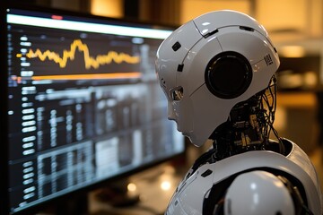 Fototapeta premium A White Robot Looking at a Computer Screen Showing a Stock Chart
