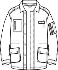 Shirt jacket fashion technical drawing. Denim Jacket design template vector illustration. Canvas top clothing flat sketch.