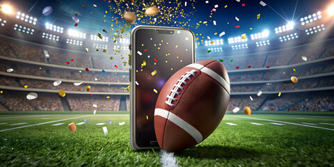 Mobile phone displaying sports betting app with football field background, confetti, and football s, betting, sports, mobile phone