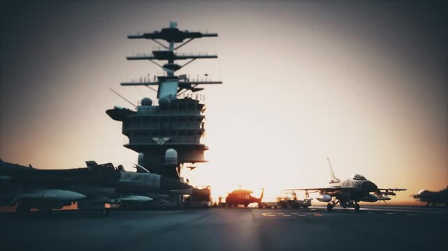 Fighter jets on an Aircraft Carrier. Morning on an aircraft carrier. F-16 Fighting Falcon, USA Fighter jets.