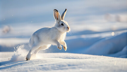 White rabbit hopping in the snow , bunny, animal, winter, fluffy, cold, wildlife, nature, cute, mammal, fur, hopping