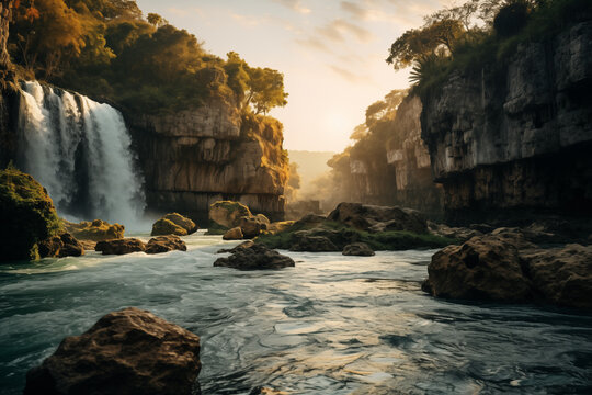 Majestic waterfalls surrounded by rocky cliffs at sunset