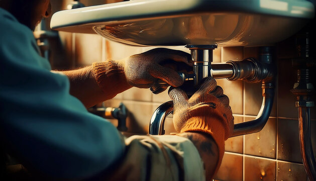 Extreme close-up of the gloved hands of a plumber while fixing or repairing pipes under the bathroom sink. Concept of home service or maintenance, professional handyman work. Generative Ai.