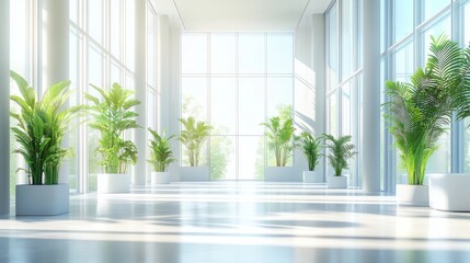 Fototapeta premium Modern Office Lobby With Large Windows And Plants