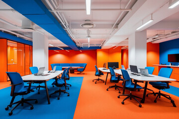 A bright and bold office space featuring a vibrant orange and blue color scheme