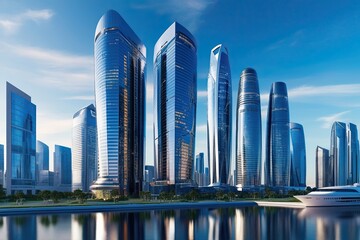 Futuristic Skyscrapers in Smart Urban Financial District with Vibrant Reflections and Innovative Design