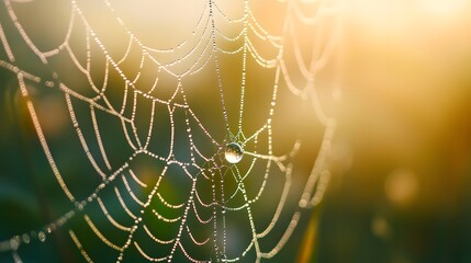 Morning dew on blades of grass, glistening under the first rays of the sun