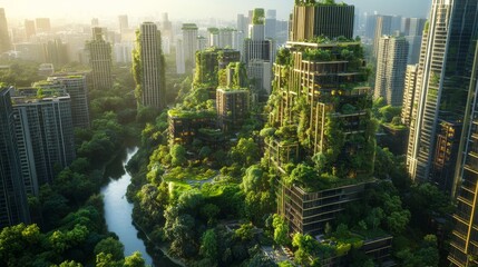 Obraz premium Green Cityscape Eco Friendly Architecture with Lush Greenery and River