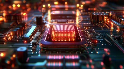 Quantum computer illuminated futuristic interface displaying data tech. AI generated