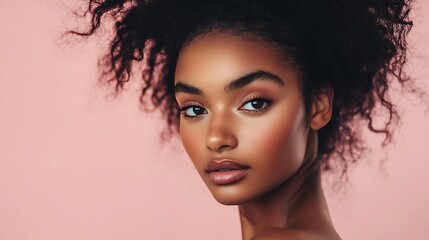 An attractive model poses against a soft pink backdrop, leaving ample room for creative content or brand messaging.