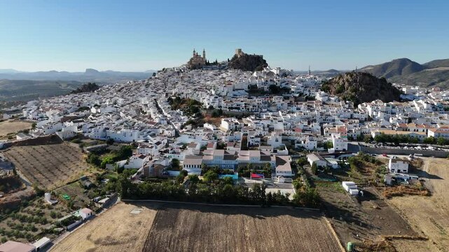 Aerial view of the Spanish white town of Olvera in Cadiz, Andalusia.