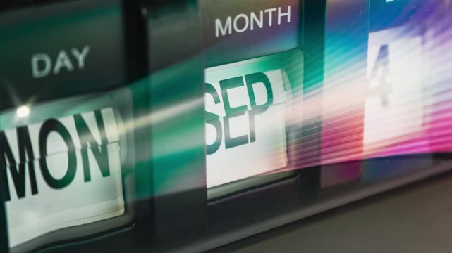 Fast moving calendar clock in 1 year in futuristic lighting. Time traveling concept.