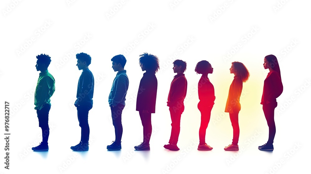 Sticker Silhouette of Diverse Young People Standing in Line 