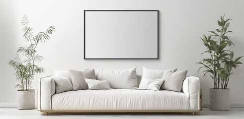 Blank horizontal picture frame mockup on a white wall in a living room with a white sofa, and flowers. Poster frame mockup in Scandinavian style living room interior