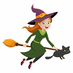 Witch with a broom and kitty fly on a broom. Vector illustrations of a Halloween silhouette witch and a cat flying on a broomstick  silhouette on a white background 