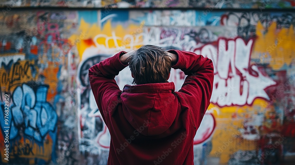 Wall mural Desperate person in front of graffiti 