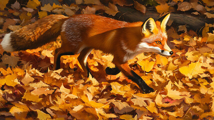Fototapeta premium A red fox darting through autumn leaves.