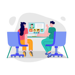 Online teaching by a male or female private teacher with a computer, behind the desk and from the front view