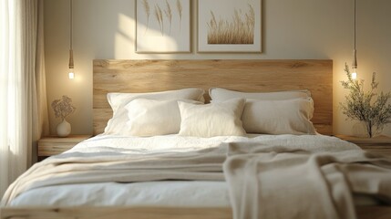 Cozy Bedroom Interior Design with Wooden Bed  White Pillows  and Natural Light