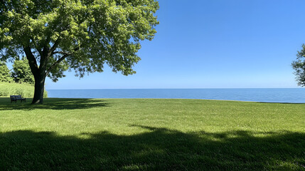 Obraz premium Tranquil lakeside vista with a solitary tree casting long shadows on the sandy shore