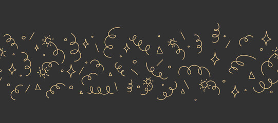 Confetti goden border doodle line drawing. Sketch burst with ribbon dots, firework explosion, firecracker. Celebration simple decor, party seamless holiday on dark background.